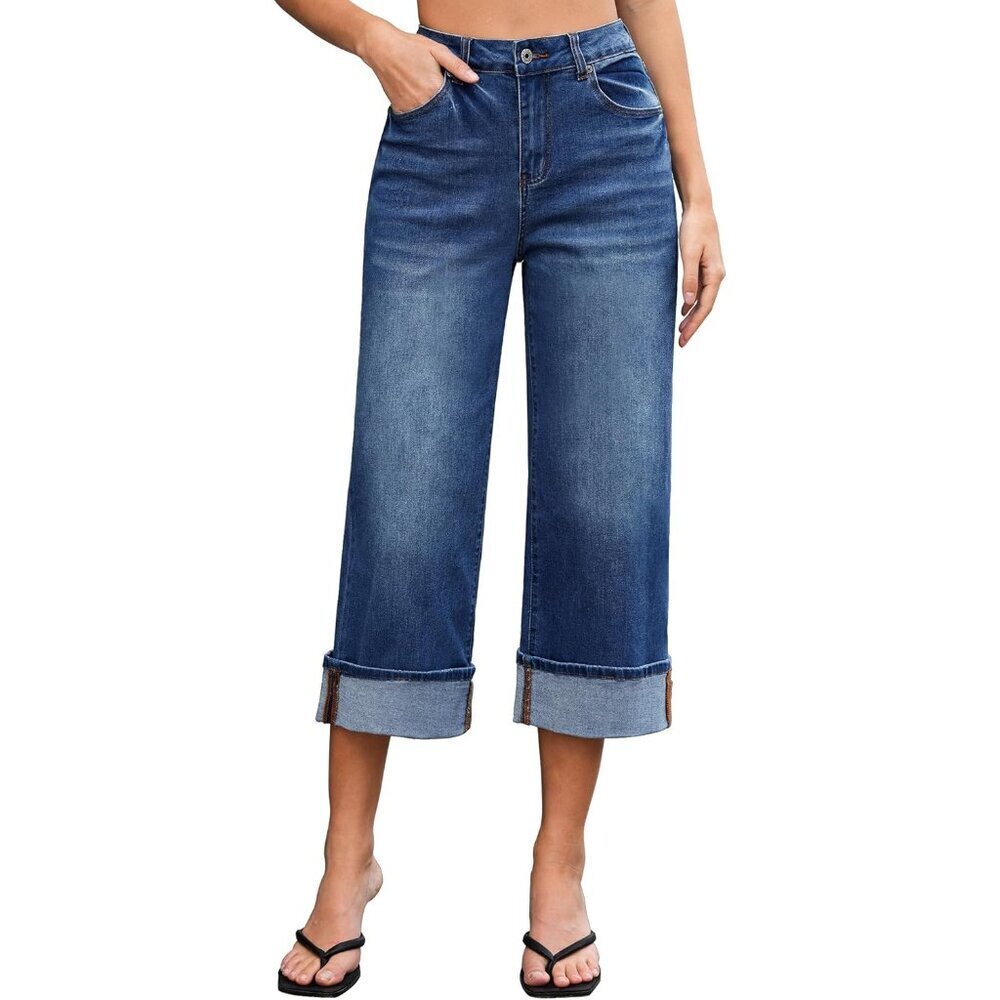 Women’s Wide Leg High Waisted Capris Stretchable Denim Casual Summer